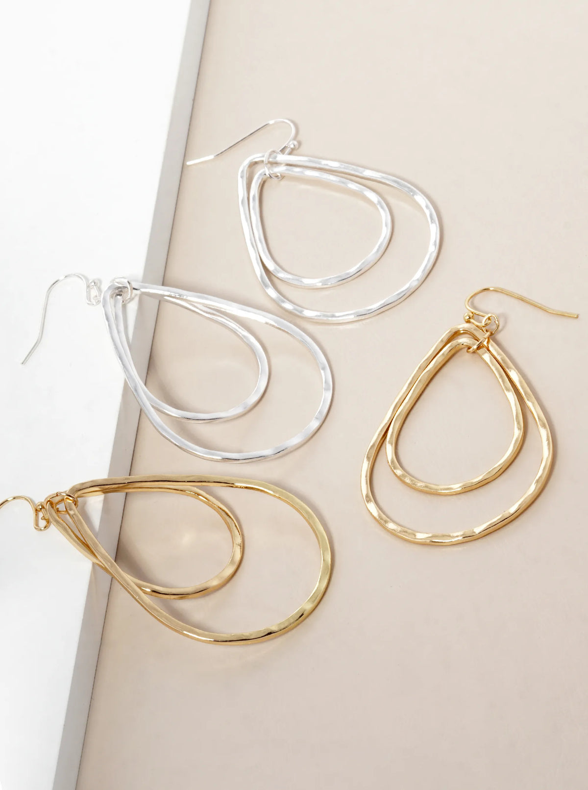 Hammered Metal Double Teardrop Dangle Earrings