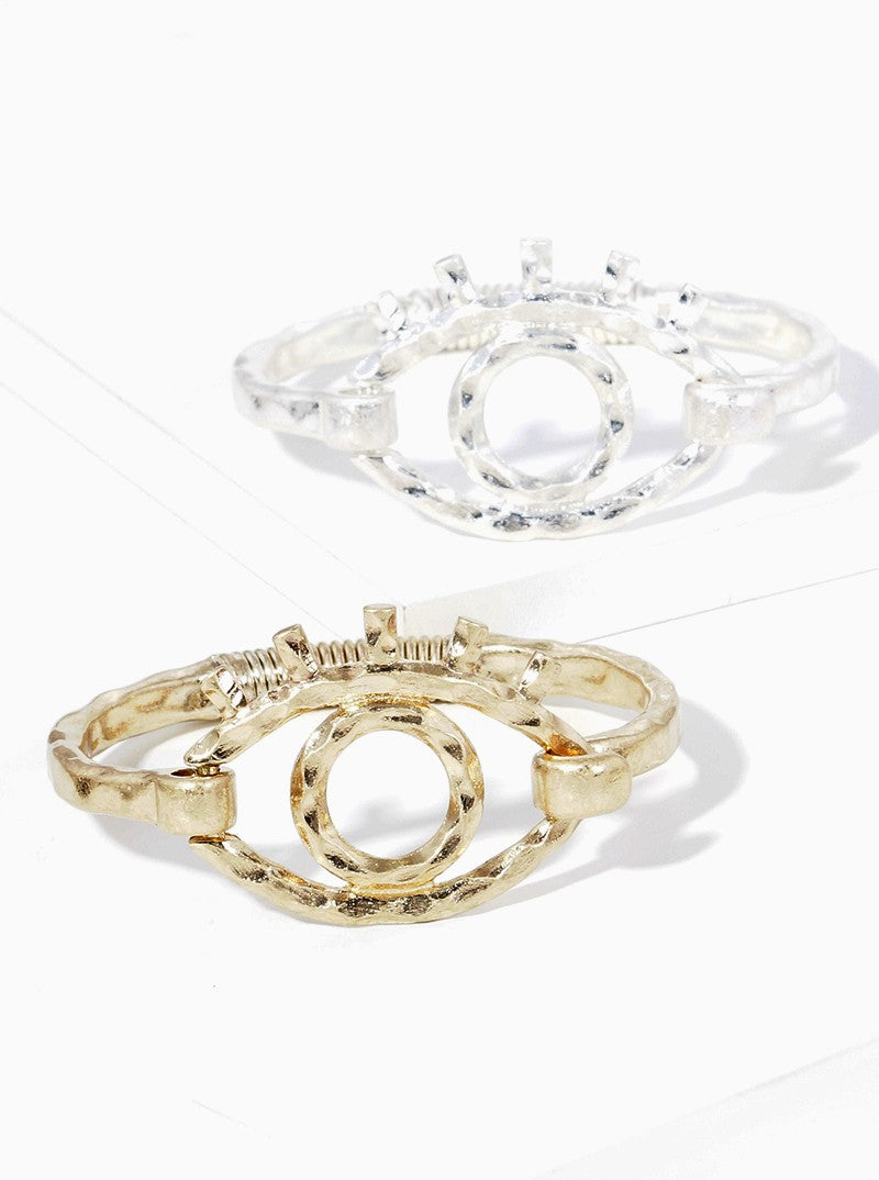 Hammered Metal Evil Eye Accent Spring Hook Closure Bangle Bracelet