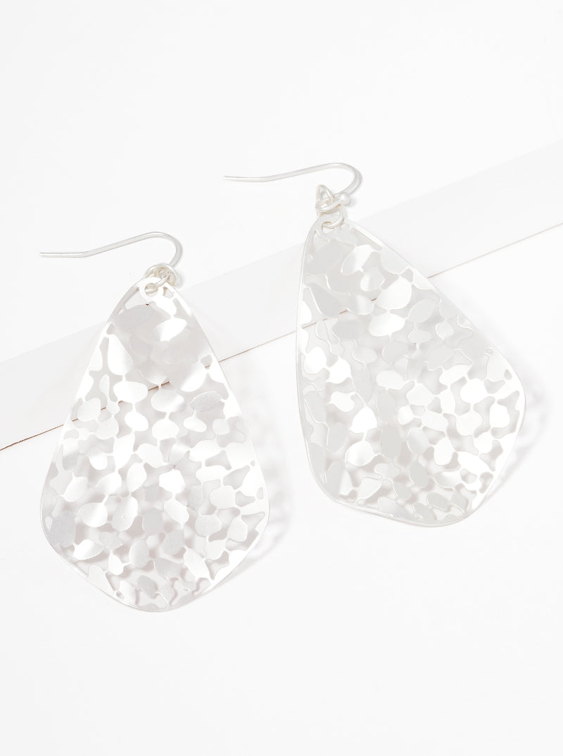 Hammered Metal Filigree Fishhook Dangle Drop Earrings