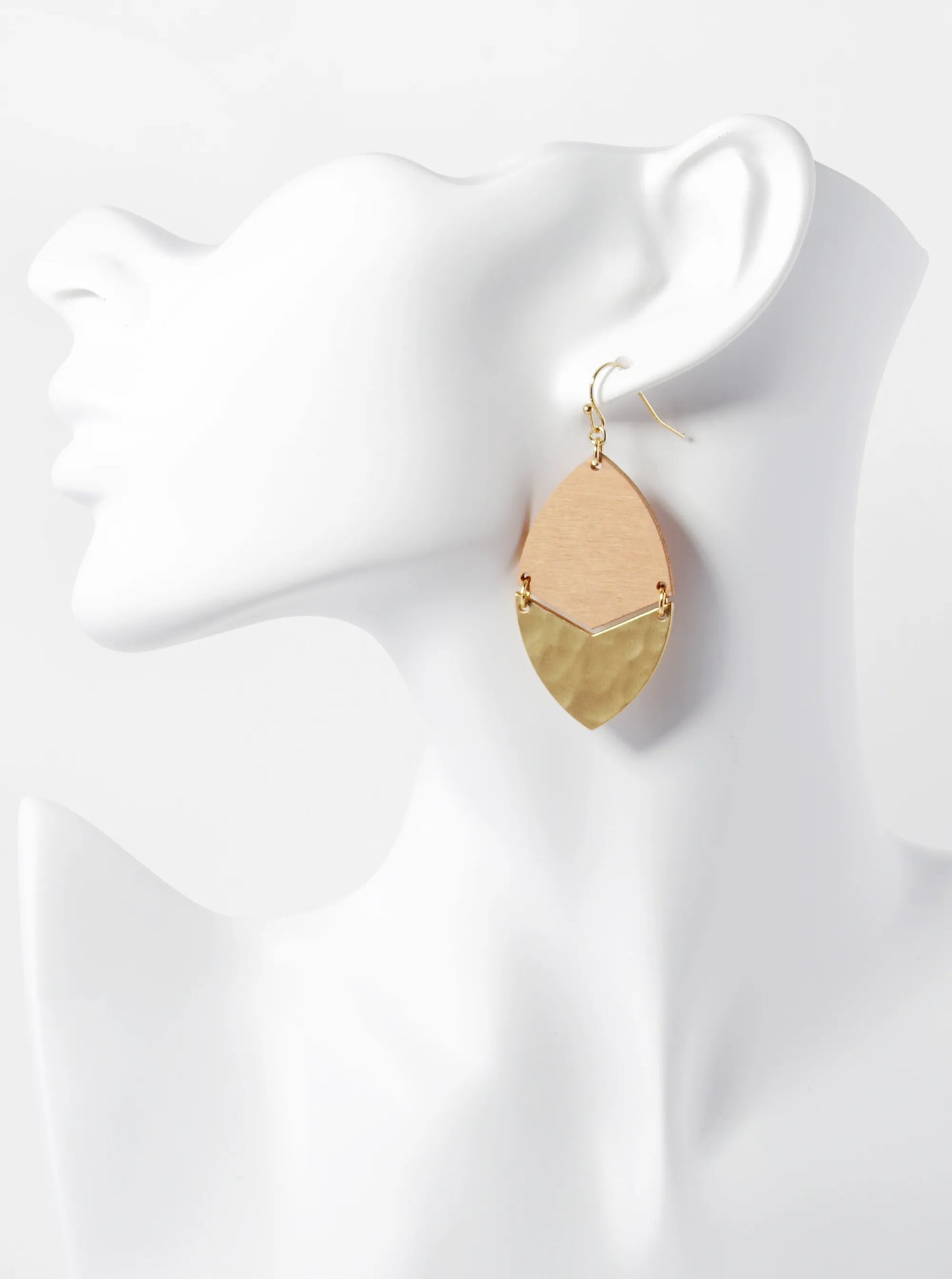 Hammered Metal Marquise Shape Wooden Earrings