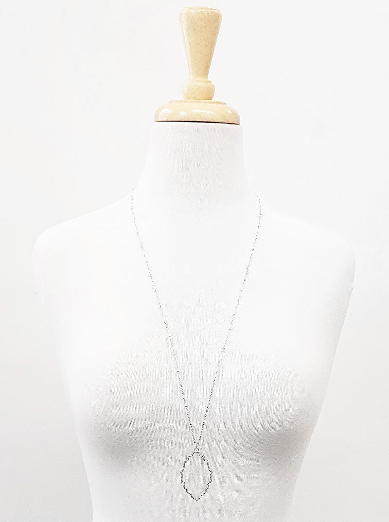 Hammered Metal Moroccan Shape Pendant 32 Inch Long Necklace