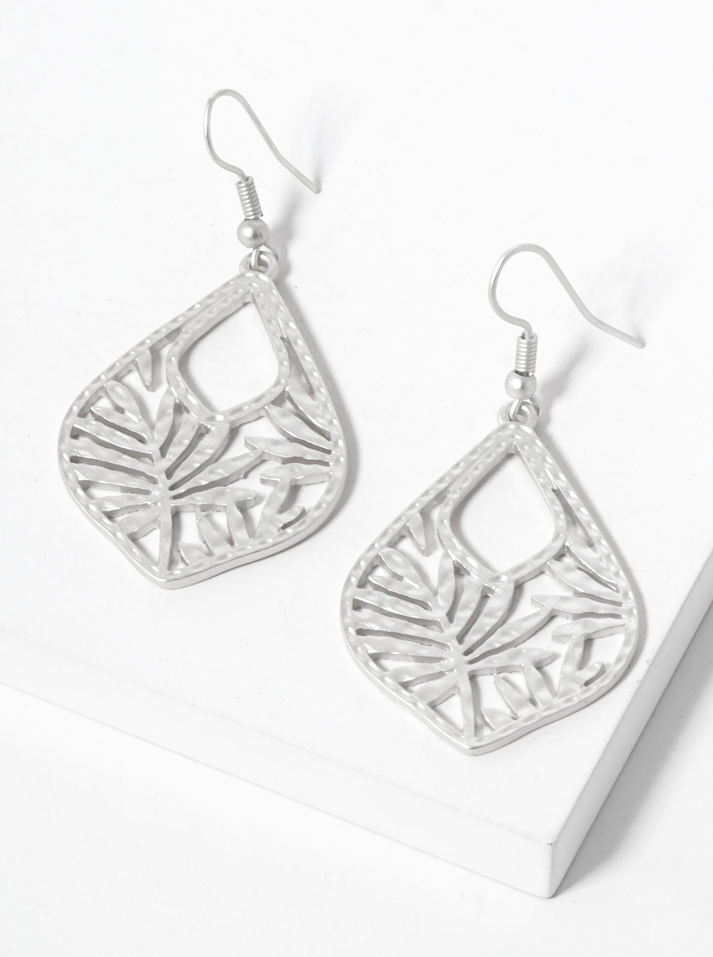 Hammered Metal Nature Inspired Filigree Dangle Drop Earrings