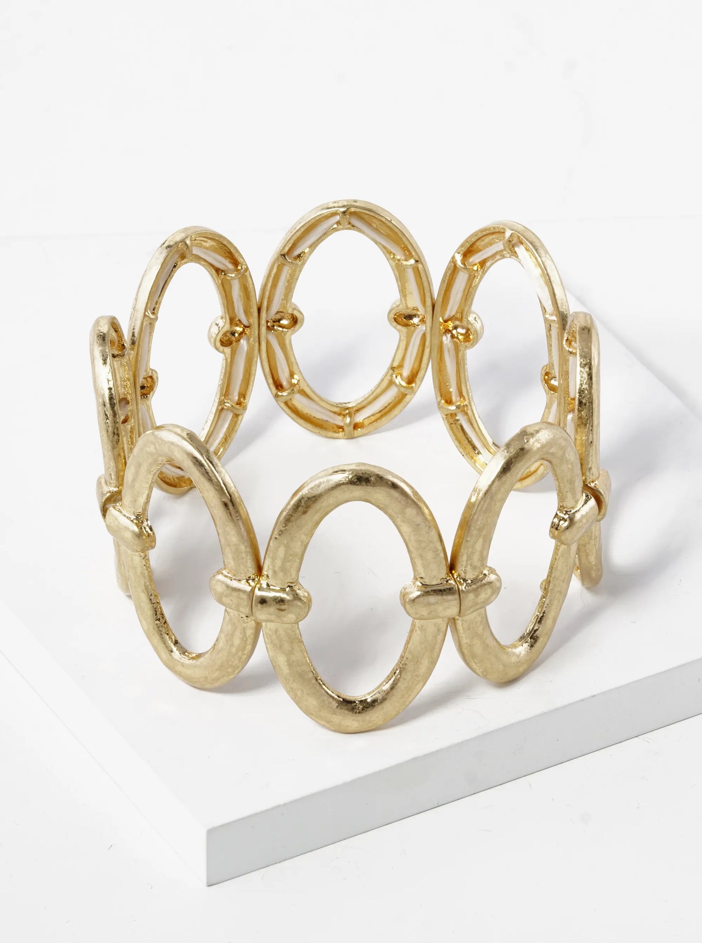 Hammered Metal Oval Cast Linked Stretch Bracelet