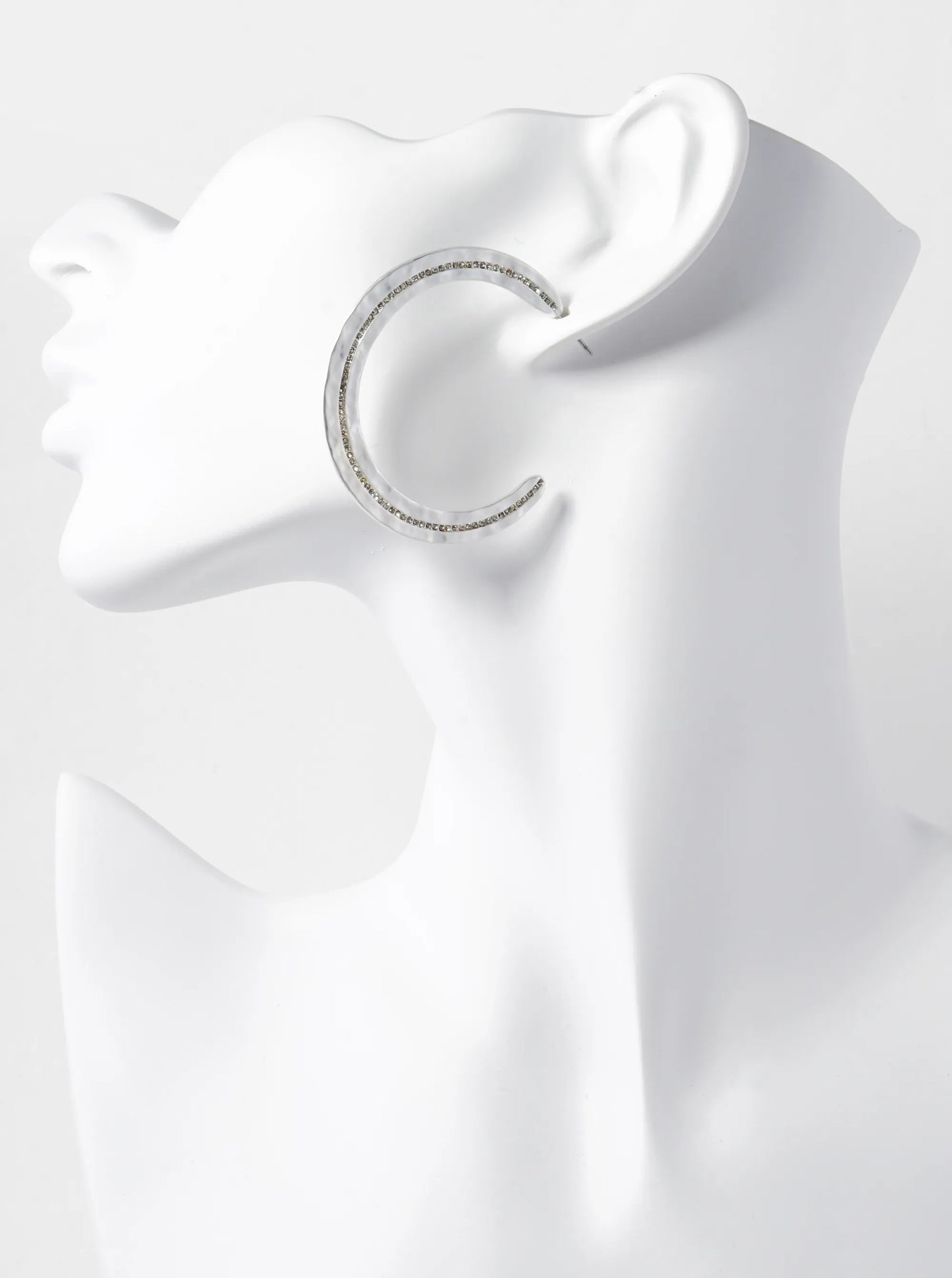 Hammered Metal Pave Crystal 50mm Wide Open Hoop Earrings