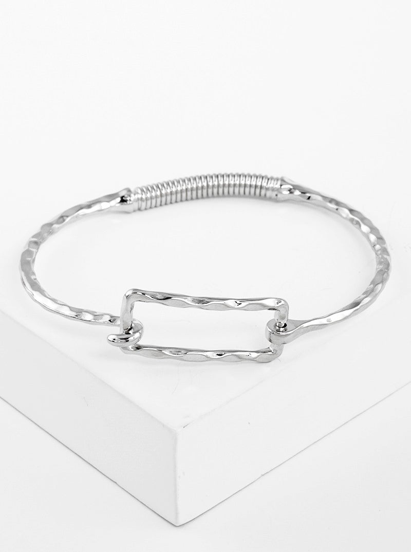 Hammered Metal Rectangle Accent Fine Spring Hook Closure Bangle Bracelet