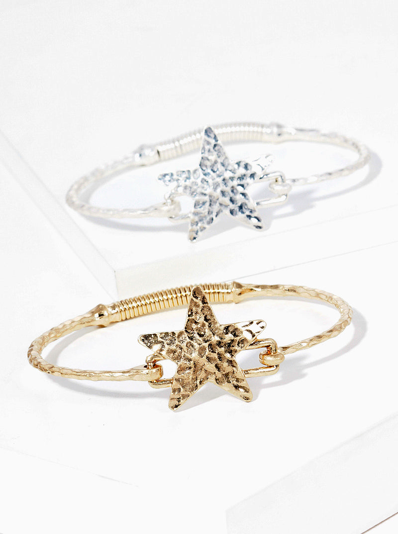 Hammered Metal Star Accent Fine Spring Hook Closure Bangle Bracelet