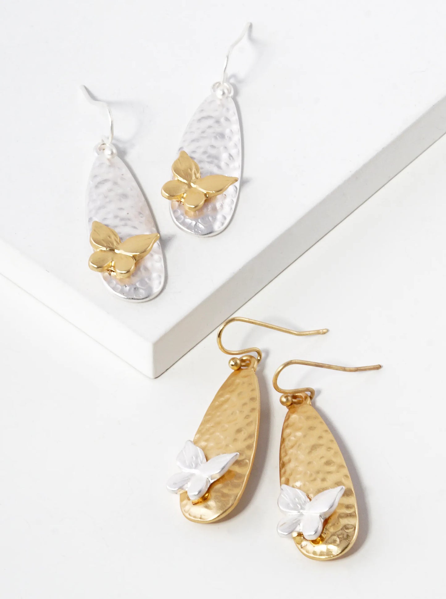 Hammered Metal Teardrop Butterfly Dangle Drop Earrings