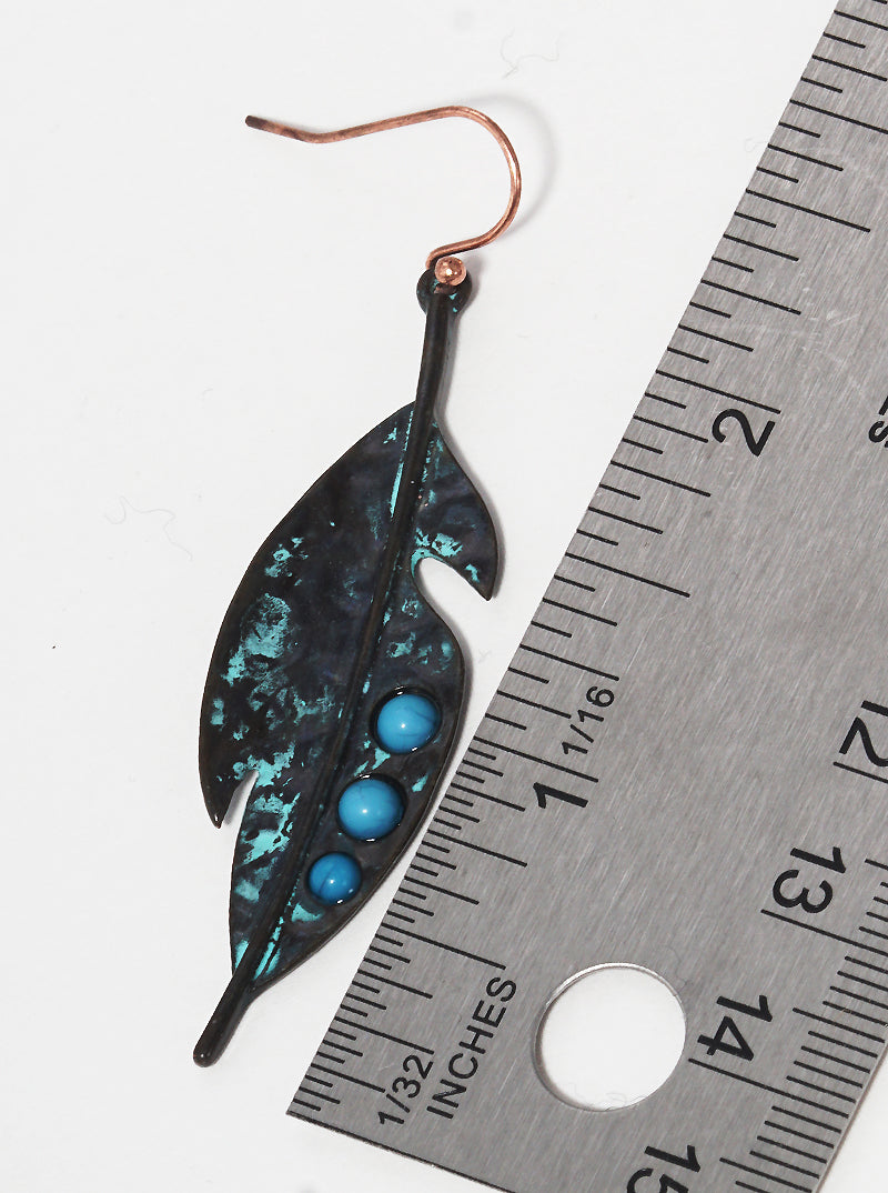 Hammered Metal Turquoise Beaded Leaves Fish Hook Dangle Drop Earrings