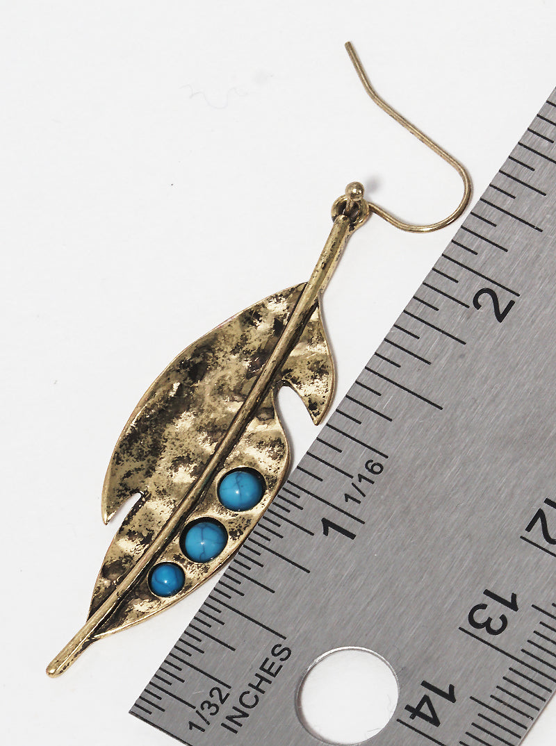 Hammered Metal Turquoise Beaded Leaves Fish Hook Dangle Drop Earrings