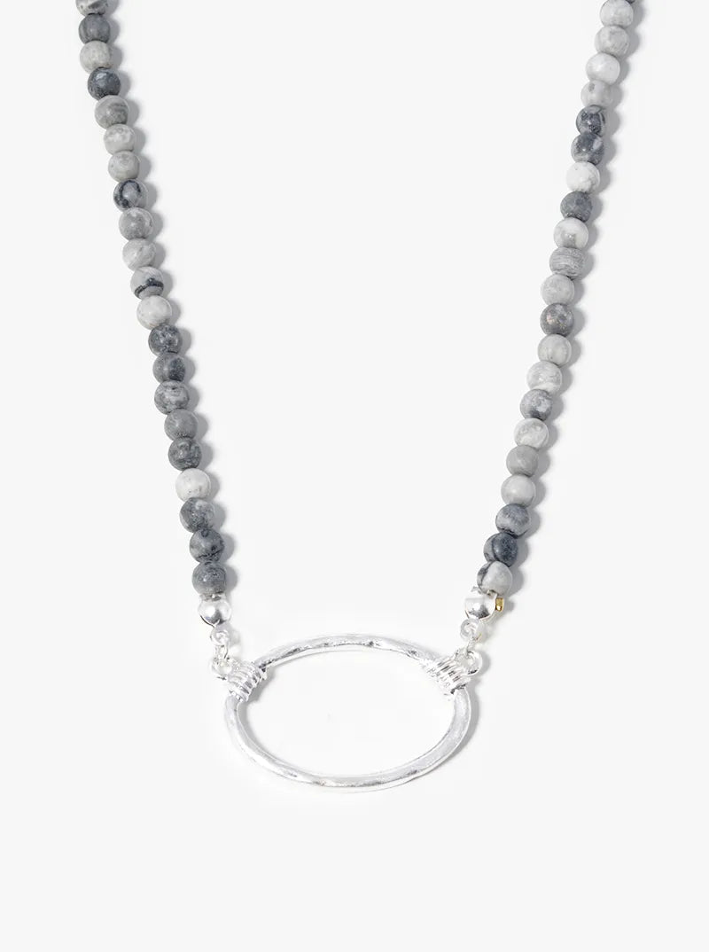 Hammered Oval Pendant Semiprecious Stone Necklace
