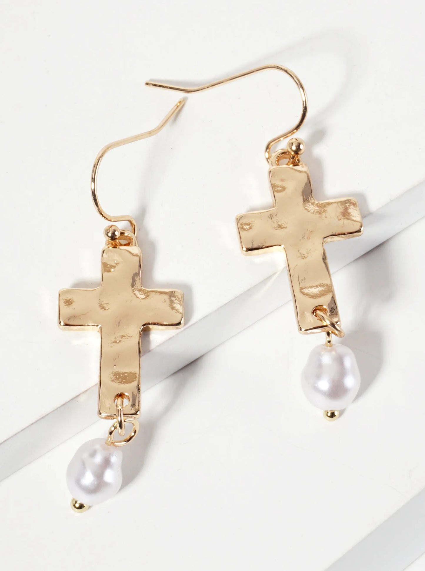 Hammered-Texture Cross Dangle Earrings With Pearl Accent