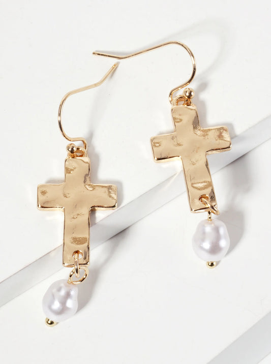 Hammered-Texture Cross Dangle Earrings With Pearl Accent