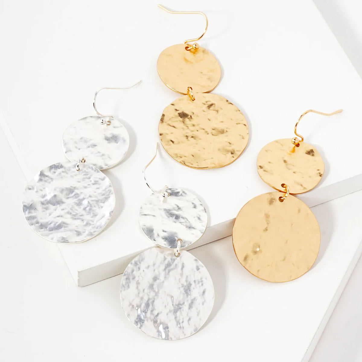 Hammered-Texture Double Circle Drop Earrings