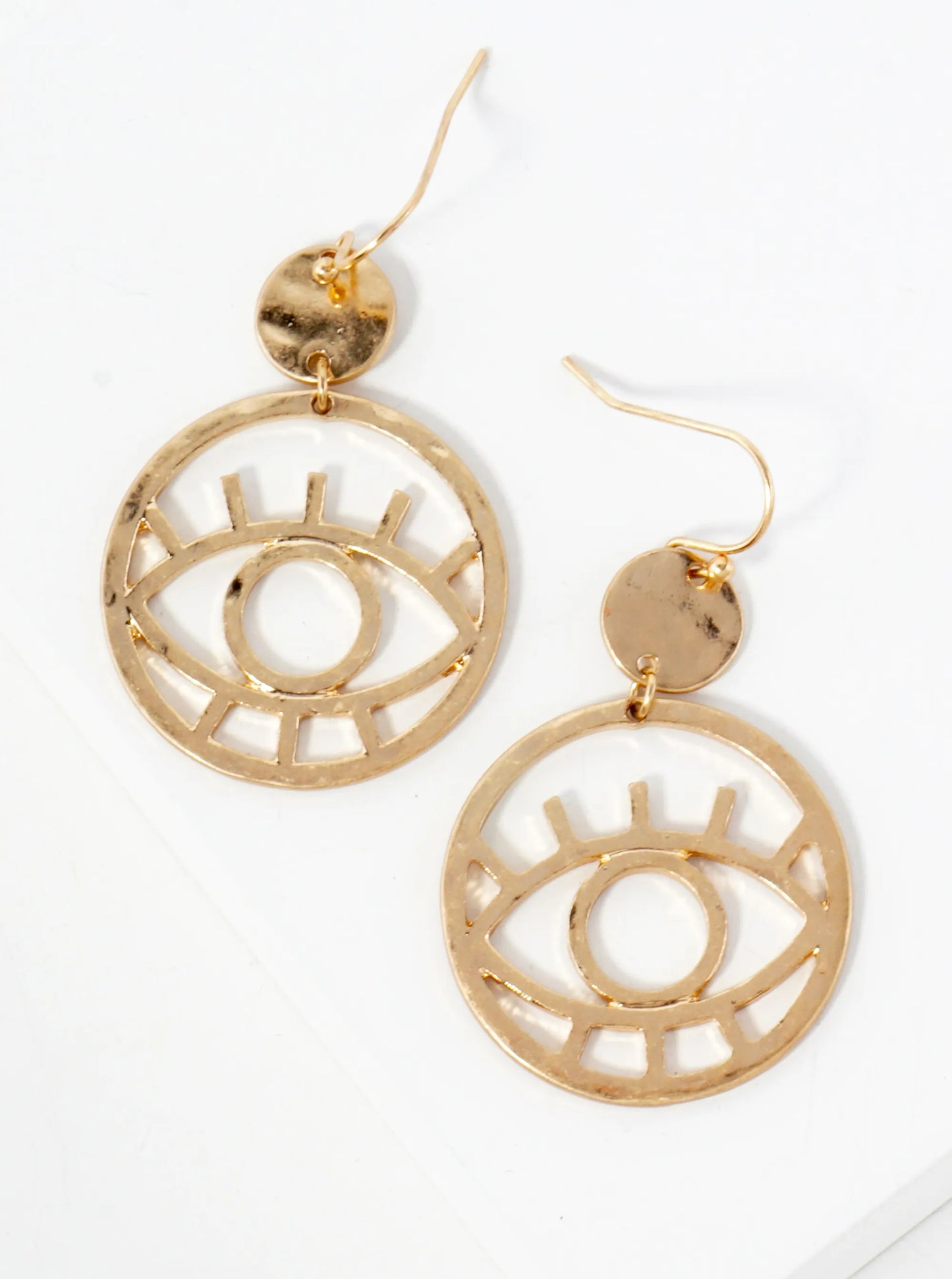 Hammered-Texture Evil-Eye Circle Drop Spiritual Dangle Earrings