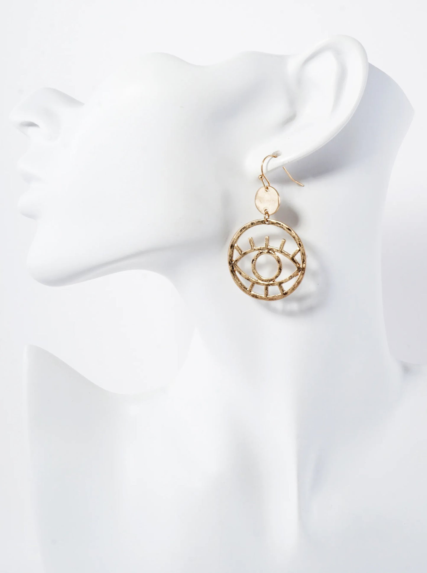 Hammered-Texture Evil-Eye Circle Drop Spiritual Dangle Earrings