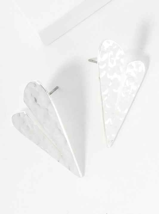 Hammered-Texture Flat Heart Brass Stud Earrings