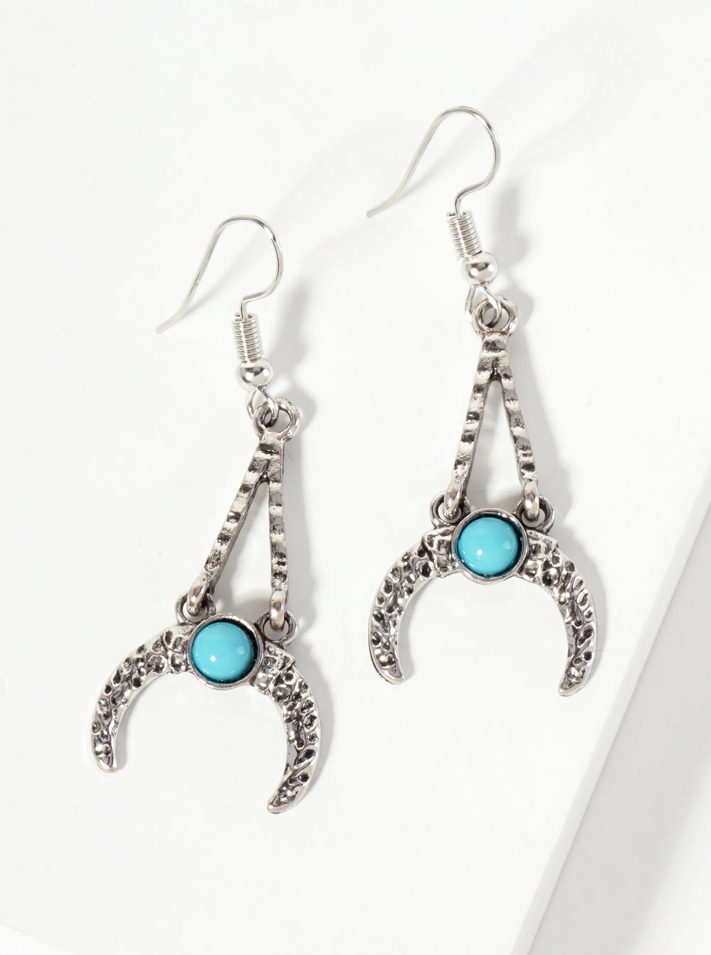 Hammered-Texture Inverted Crescent-Moon Design With Turquoise-Stones Western Dangle Earrings