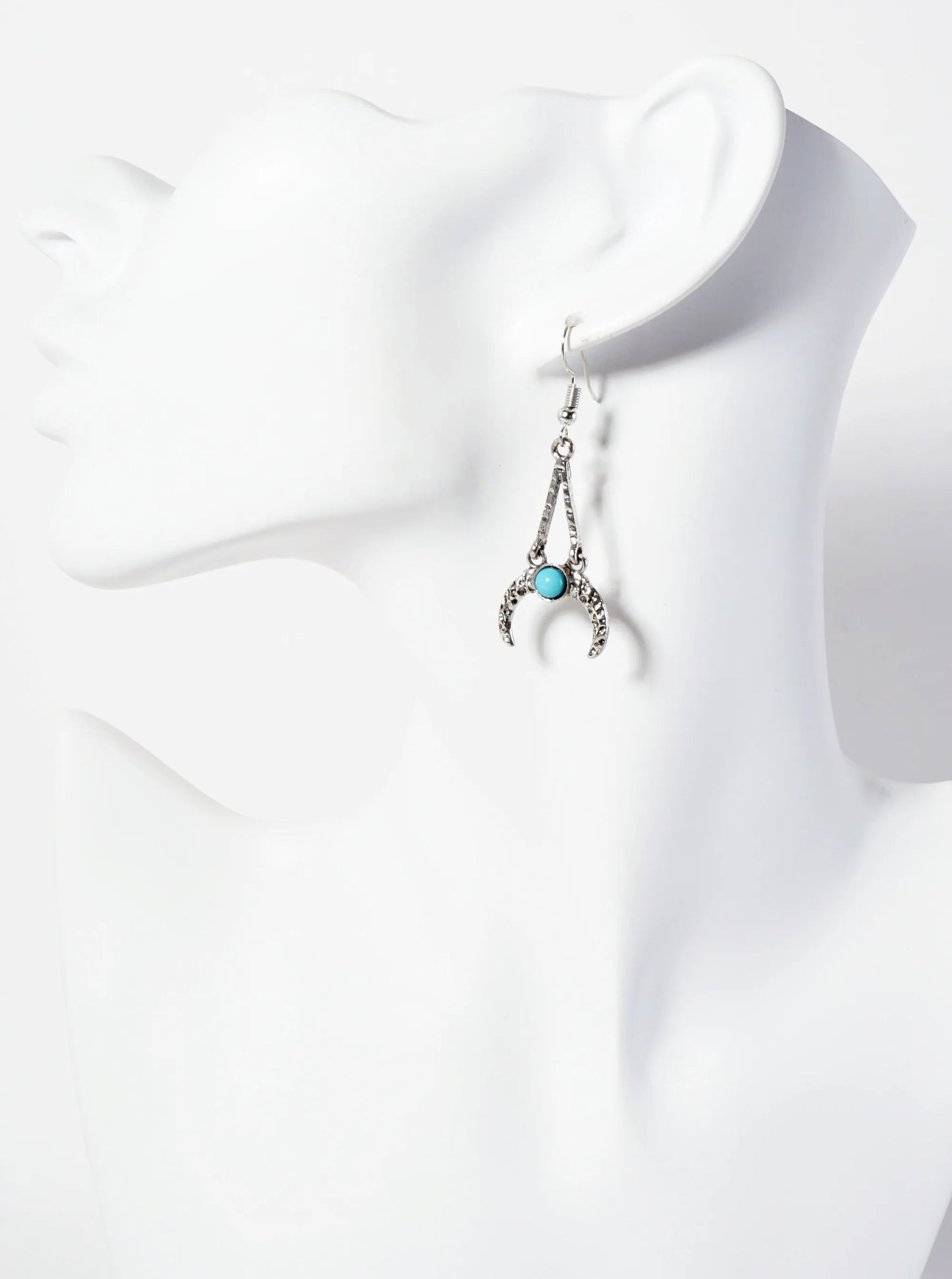 Hammered-Texture Inverted Crescent-Moon Design With Turquoise-Stones Western Dangle Earrings