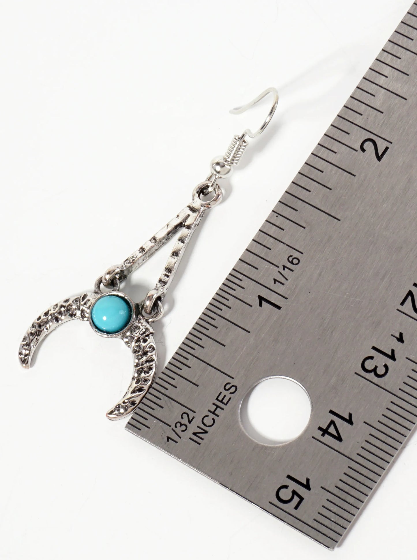 Hammered-Texture Inverted Crescent-Moon Design With Turquoise-Stones Western Dangle Earrings