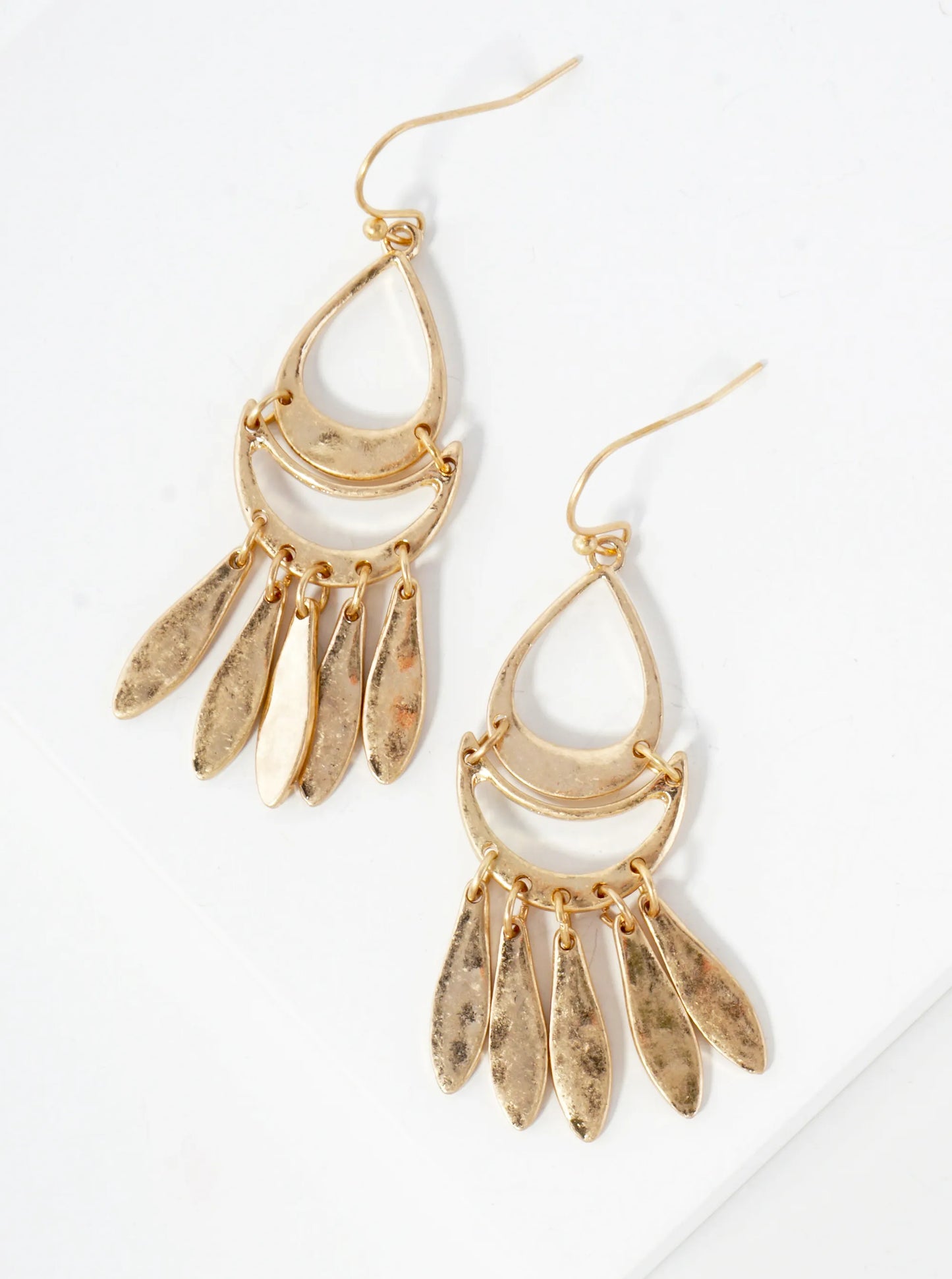 Hammered-Texture Metal Tassel Teardrop Earrings