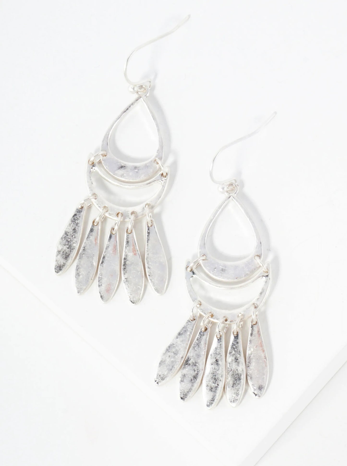 Hammered-Texture Metal Tassel Teardrop Earrings