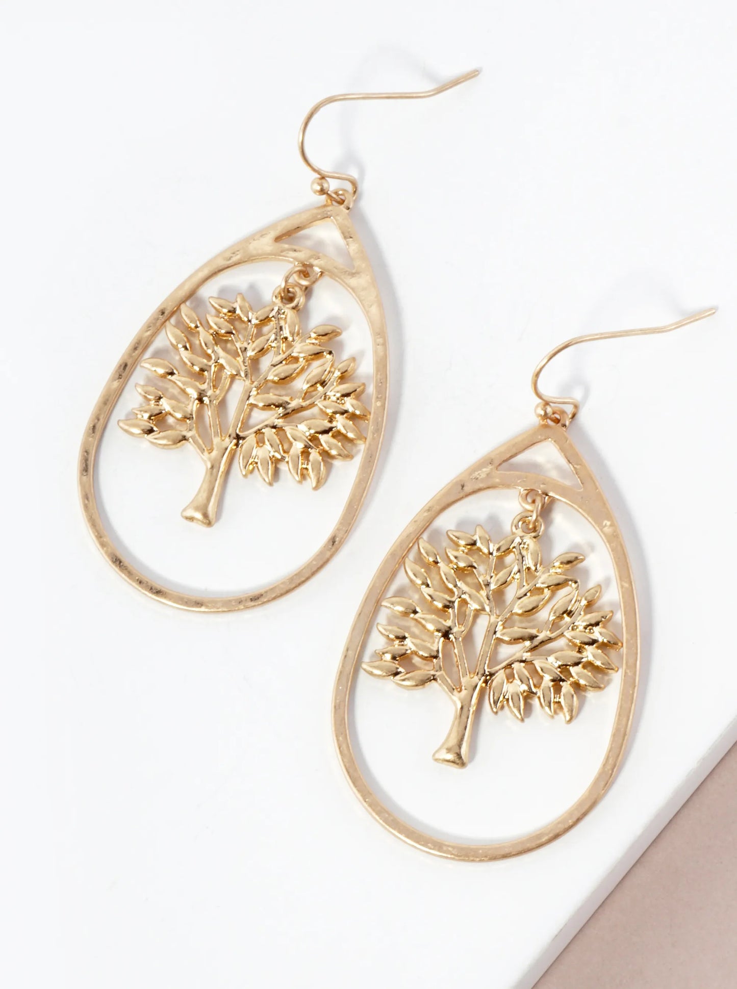 Hammered-Texture Metal Tree-of-Life Teardrop Dangle Earrings