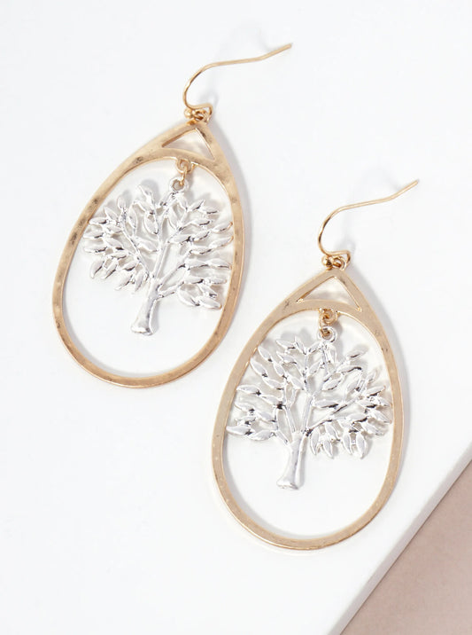Hammered-Texture Metal Tree-of-Life Teardrop Dangle Earrings