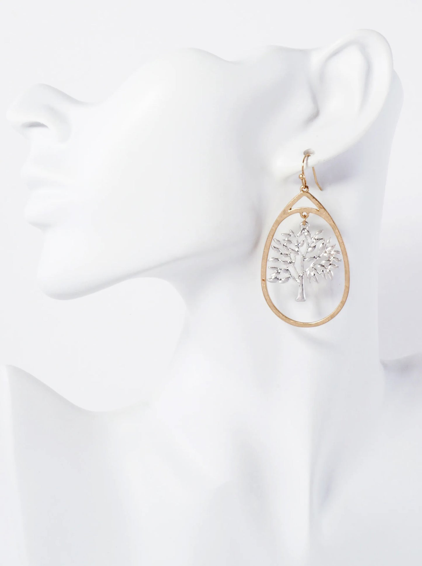 Hammered-Texture Metal Tree-of-Life Teardrop Dangle Earrings