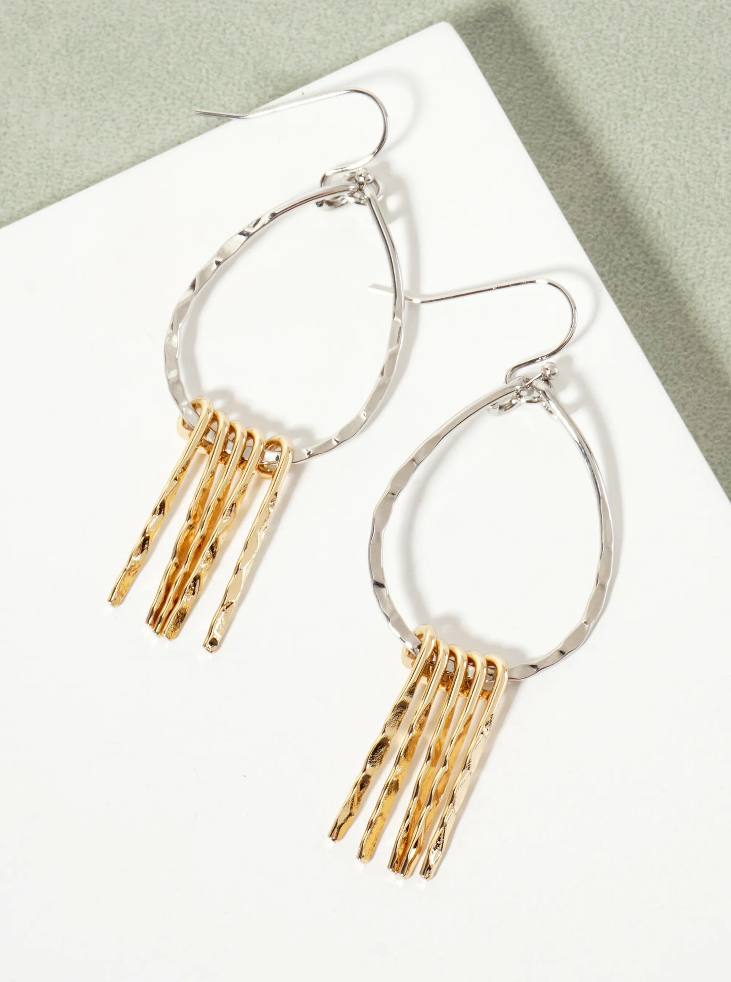 Hammered-Texture Teardrop Dangle Earrings With Bar Drop