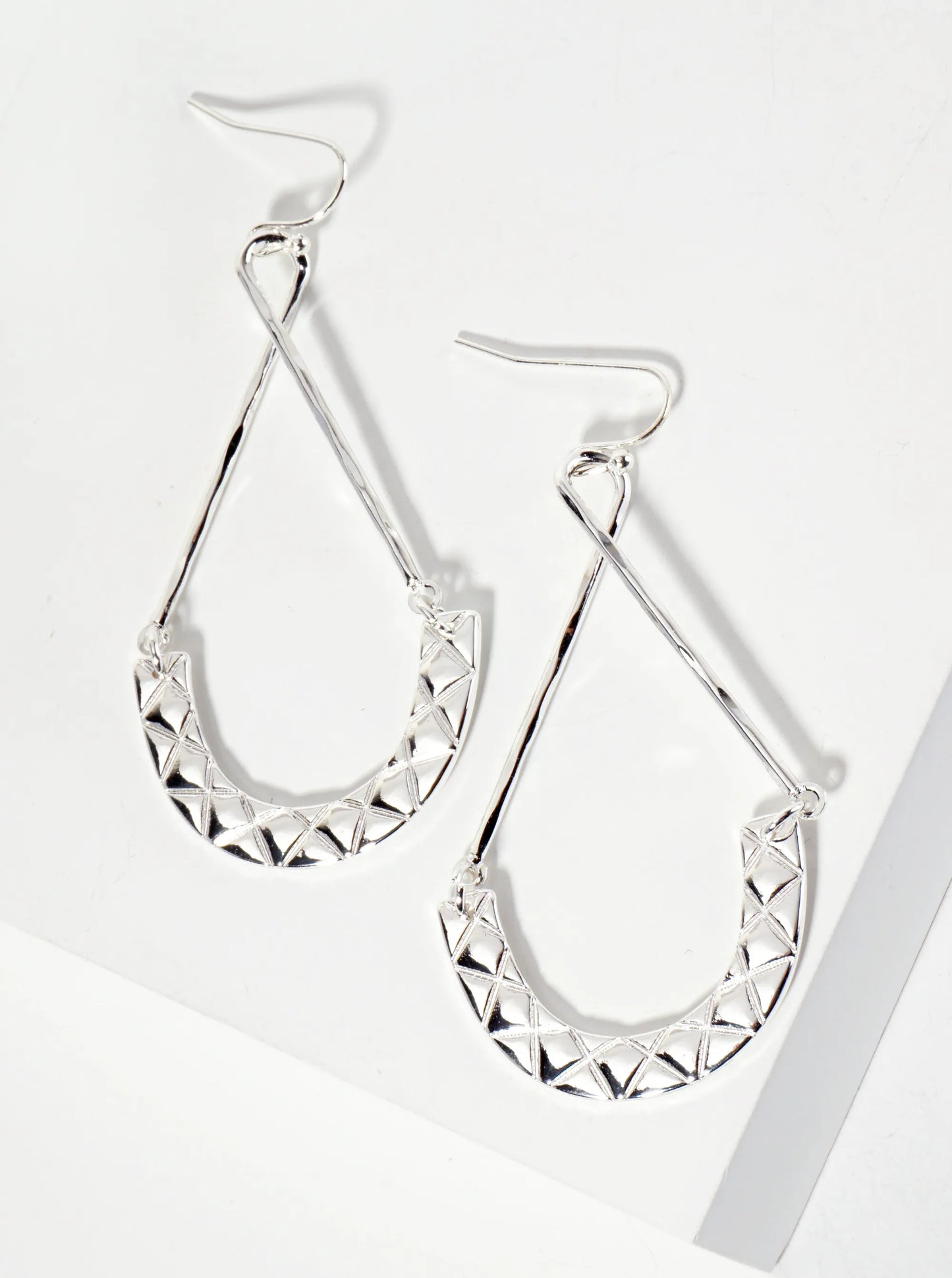 Hammered-Texture Teardrop Earrings With Engraved X-Pattern