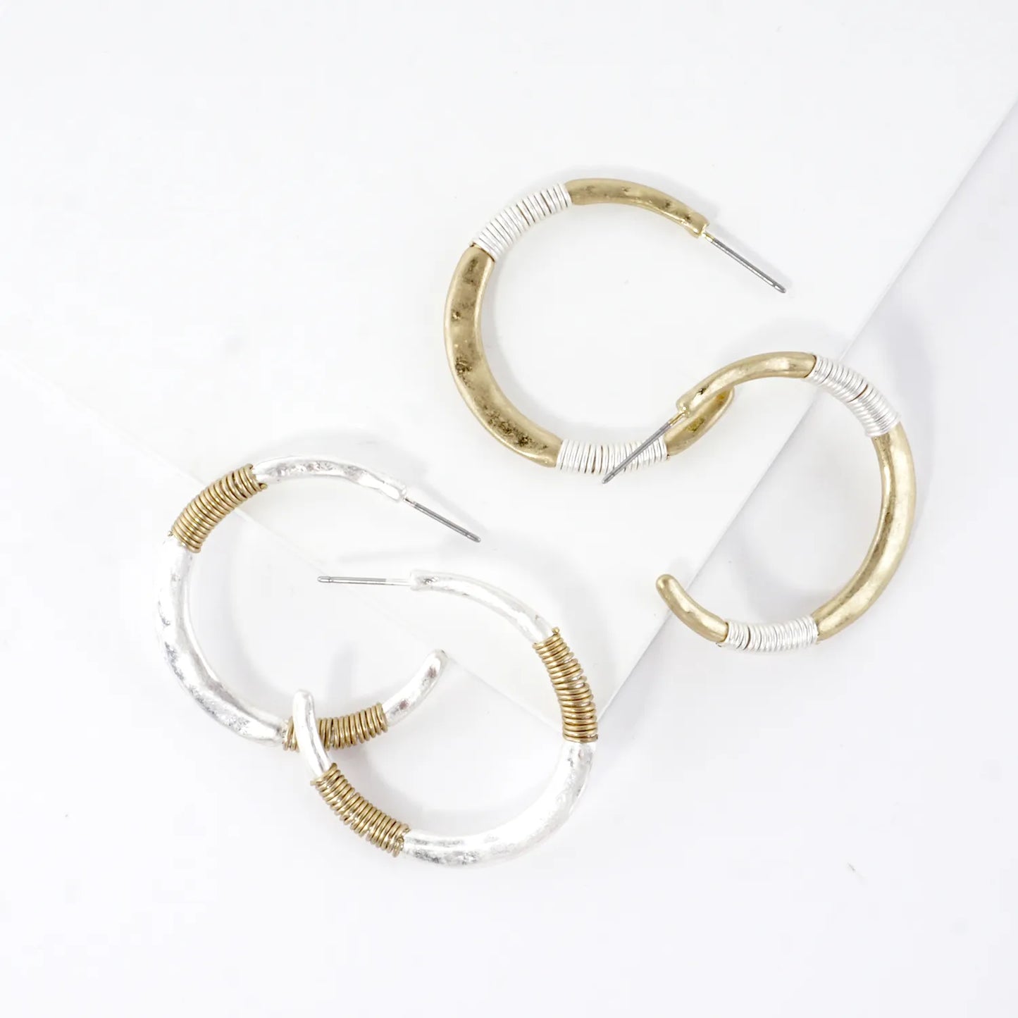 Hammered-Texture Wire-Wrapped 35mm Dual-Tone Open Hoop Earrings