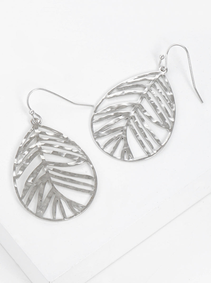 Hammered Textured Teardrop Leaf Earrings Rhodium