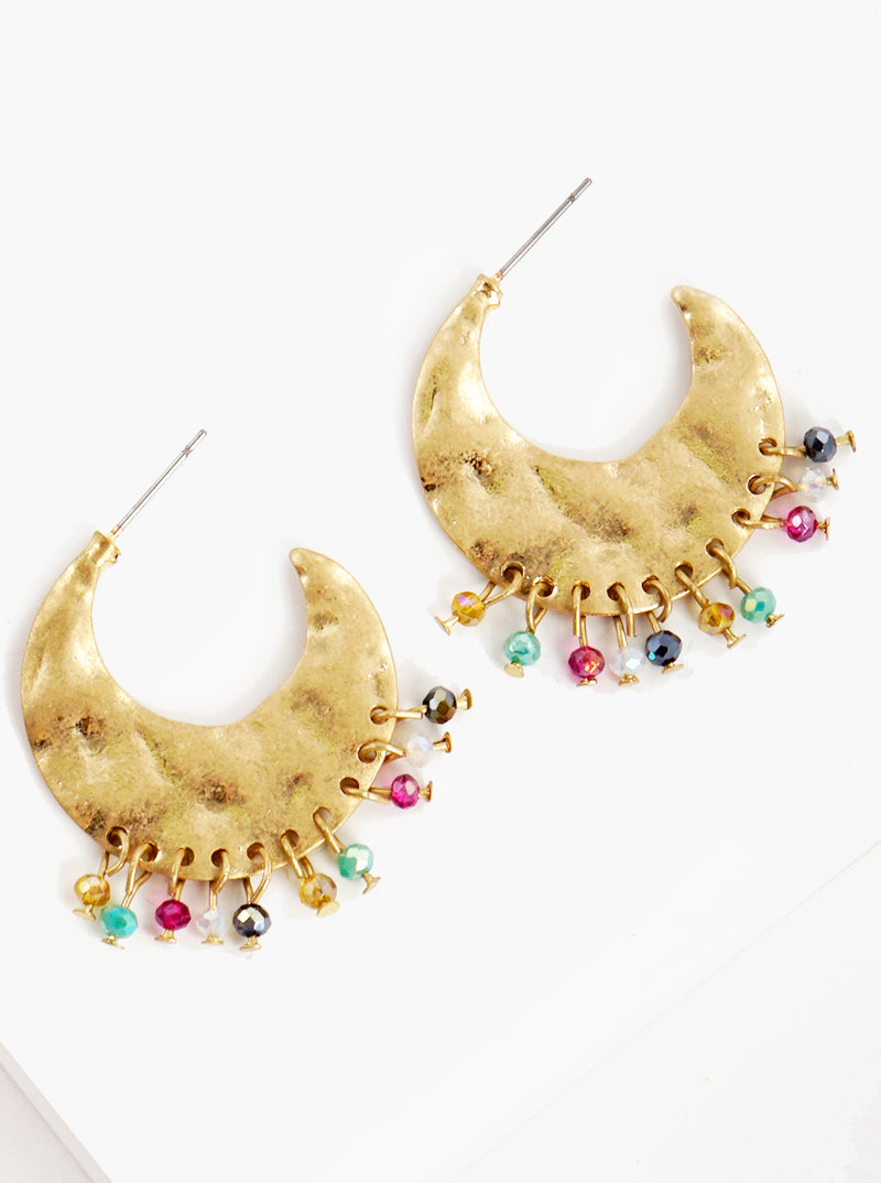 Hammered Crescent Hoop With Glass Beads Drop Earrings