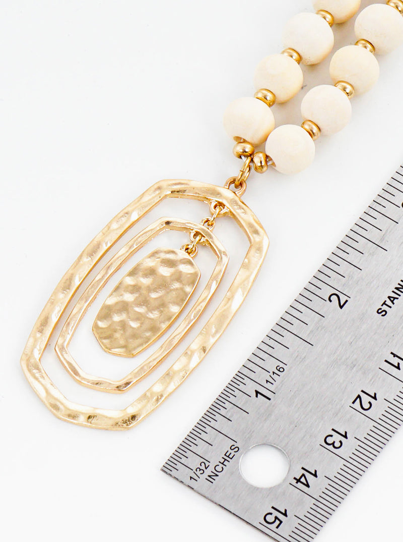 Hammered Hexagon Metal Pendant Wood Bead Long Necklace