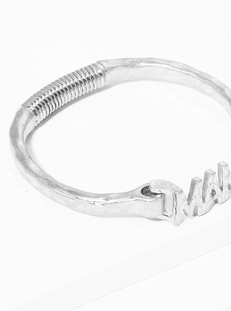 Hammered Metal MAMA Accent Spring Hook Closure Bangle Bracelet