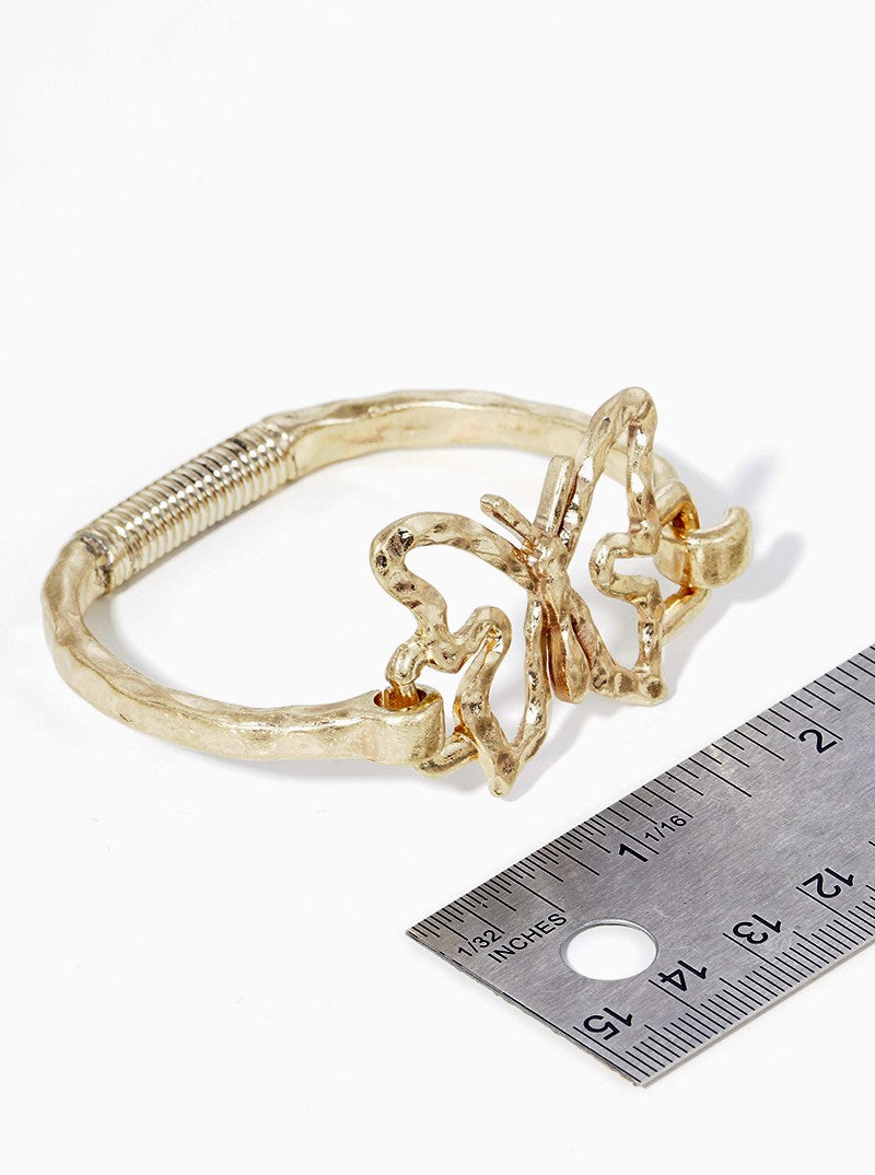 Hammered Metal Butterfly Accent Spring Hook Closure Bangle Bracelet