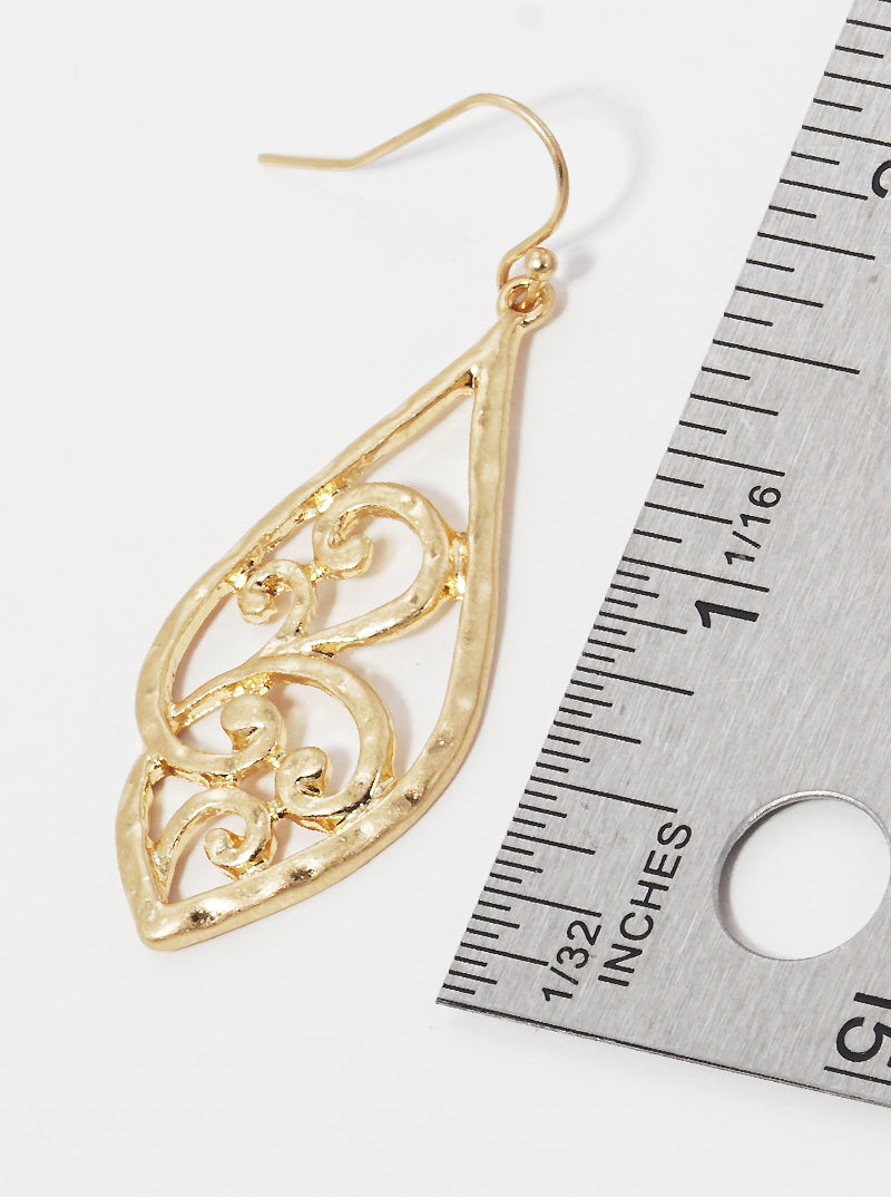 Hammered Metal Chunky Filigree Fish Hook Dangle Drop Earrings