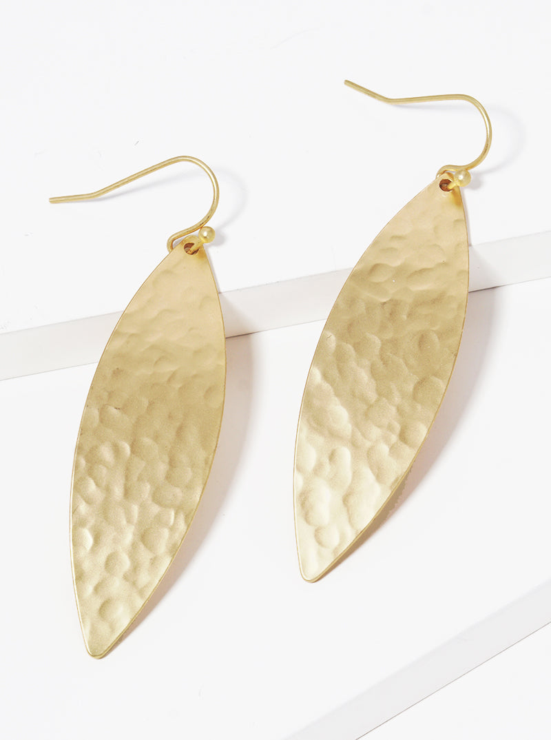 Hammered Metal Curved Marquise Fishhook Dangle Drop Earrings