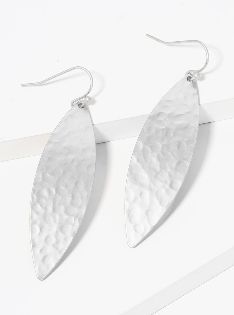 Hammered Metal Curved Marquise Fishhook Dangle Drop Earrings