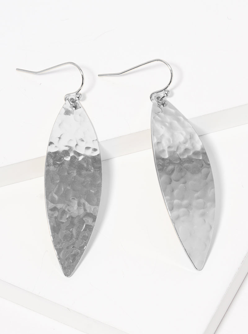 Hammered Metal Curved Marquise Fishhook Dangle Drop Earrings