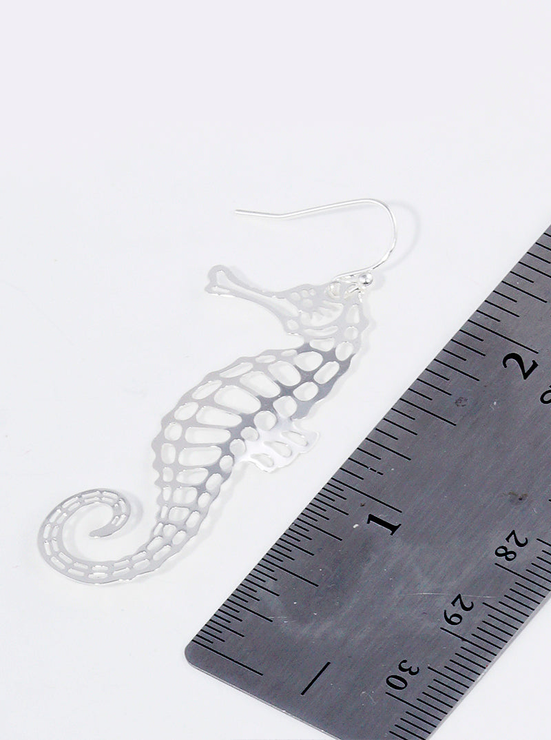 Hammered Metal Delicate Filigree Seahorse Dangle Drop Earrings