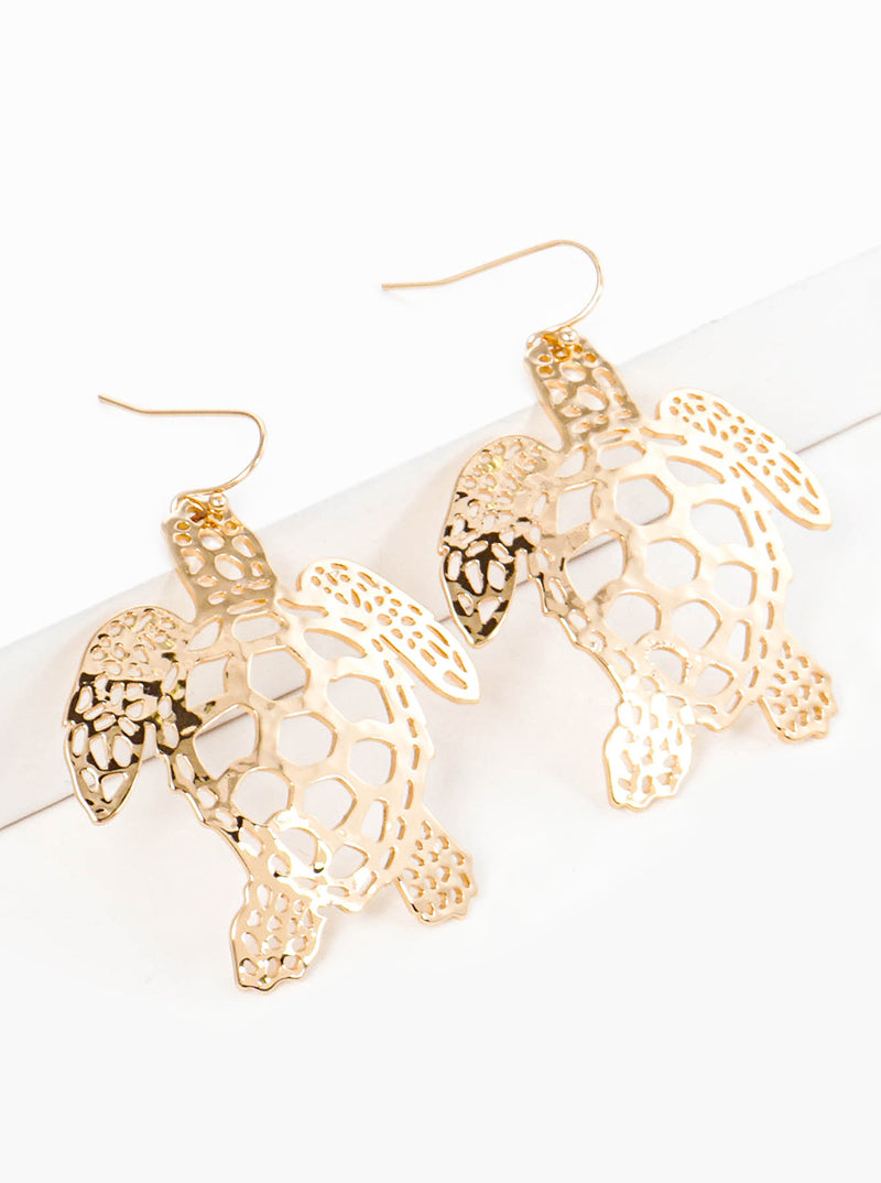 Hammered Metal Delicate Filigree Turtle Dangle Drop Earrings