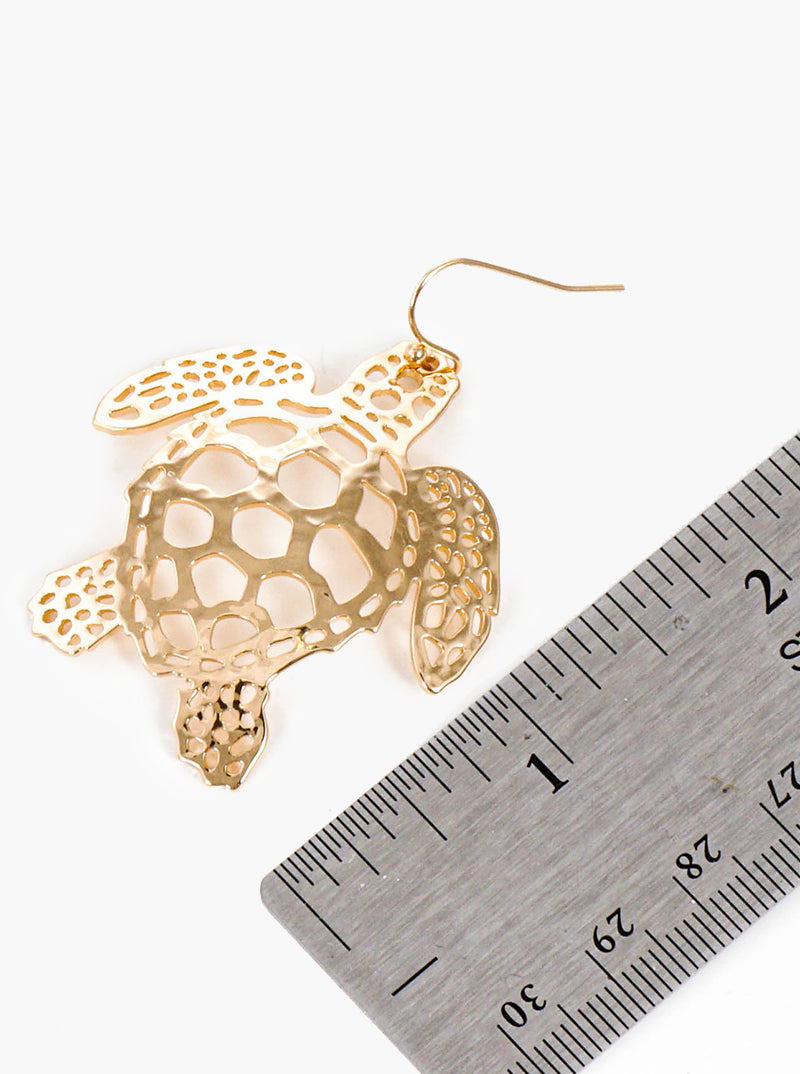 Hammered Metal Delicate Filigree Turtle Dangle Drop Earrings