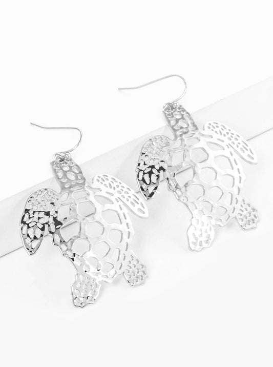 Hammered Metal Delicate Filigree Turtle Dangle Drop Earrings