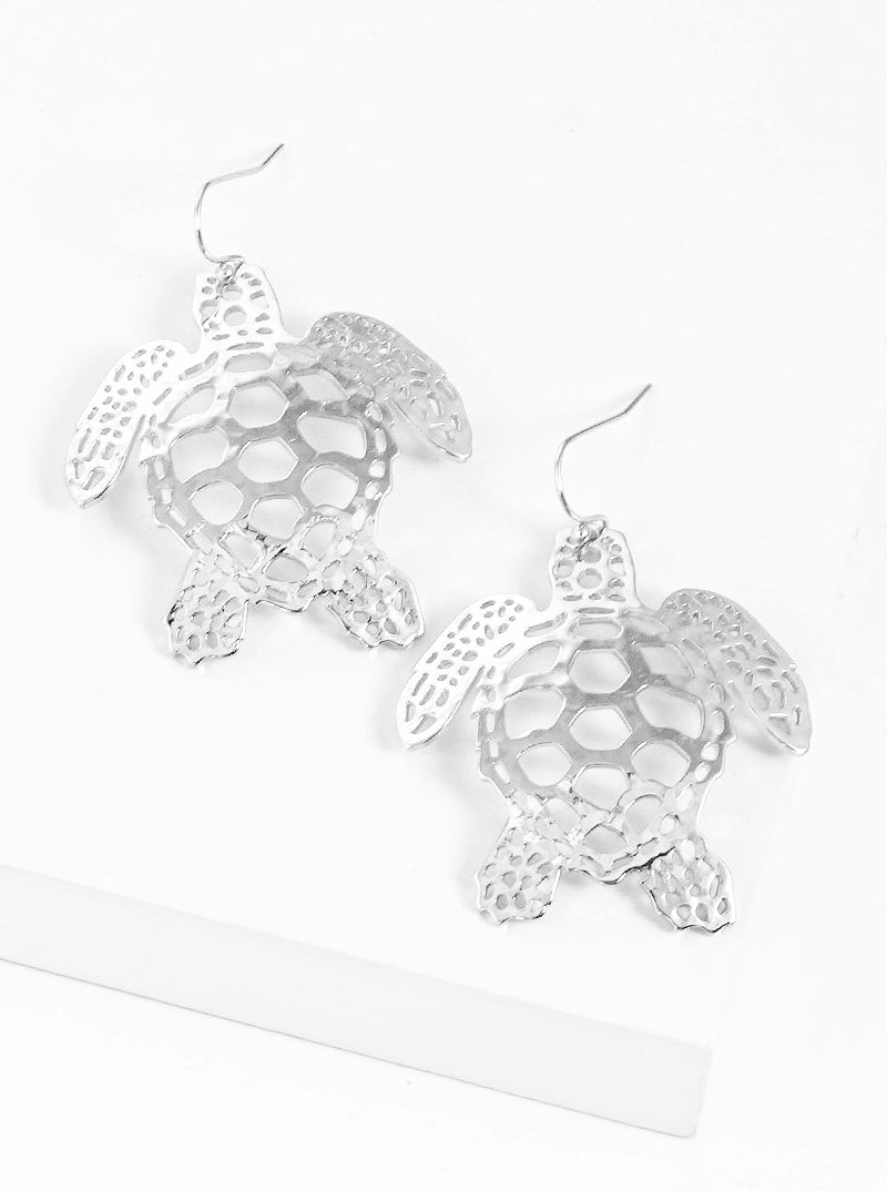 Hammered Metal Delicate Filigree Turtle Dangle Drop Earrings