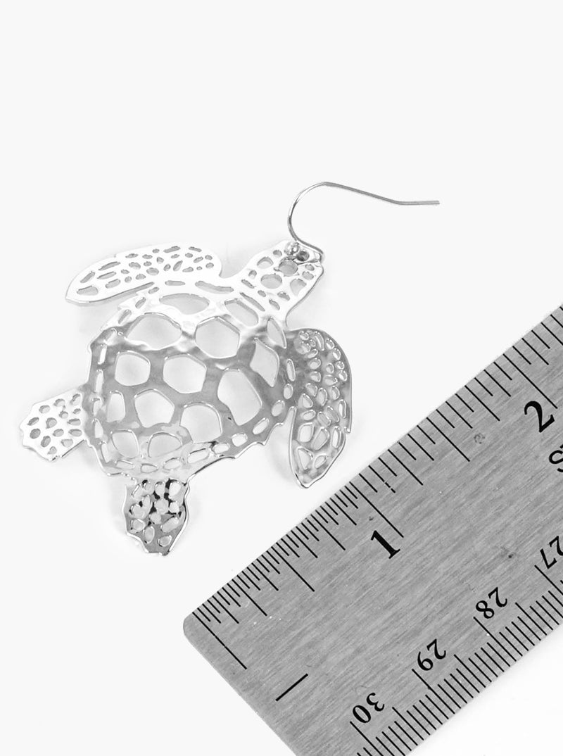 Hammered Metal Delicate Filigree Turtle Dangle Drop Earrings