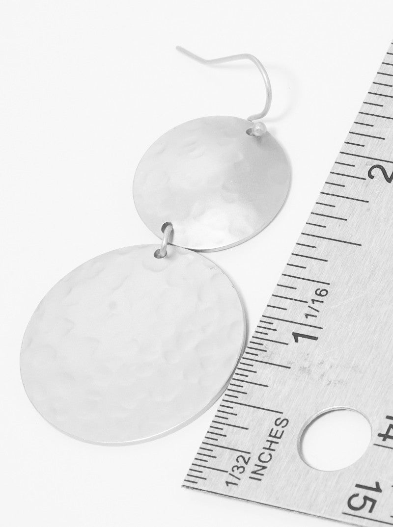 Hammered Metal Double Round Fish Hook Dangle Drop Earrings
