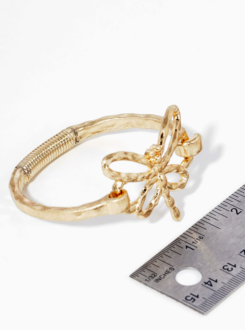 Hammered Metal Dragonfly Accent Spring Hook Closure Bangle Bracelet