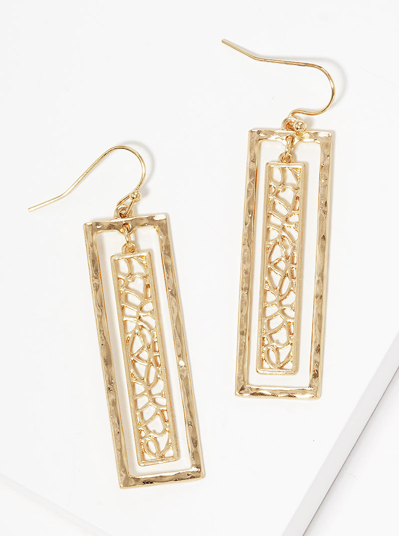 Hammered Metal Filigree Rectangle Fishhook Dangle Drop Earrings