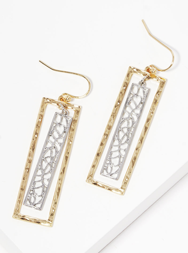 Hammered Metal Filigree Rectangle Fishhook Dangle Drop Earrings